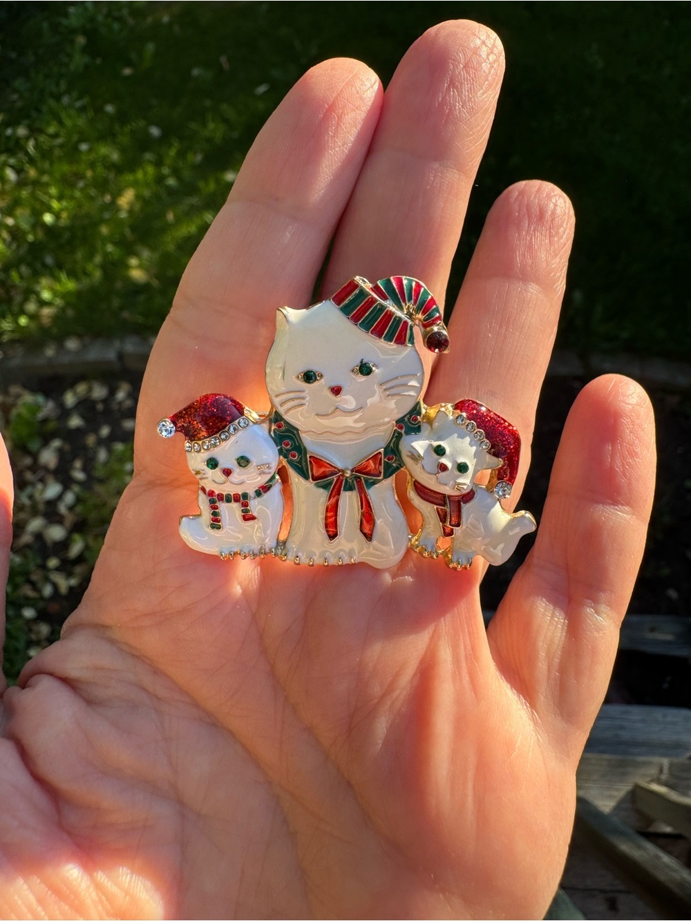 Festive White Cat Family Brooch with Red & Green Accents